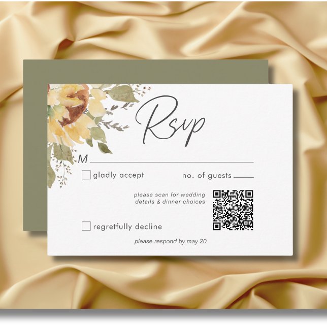 Cartão RSVP Código QR de Casamento Grande Boho Sunflowers Rúst (Soft Rustic Large Boho Sunflowers Wedding QR code RSVP Card)