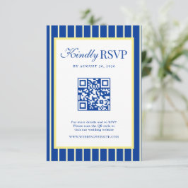 Cartão RSVP Código QR de Casamento Listrado Azul e Amarelo Ita