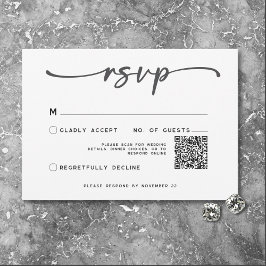 Cartão RSVP Código QR de Casamento Mínimo de Script Branco Pre