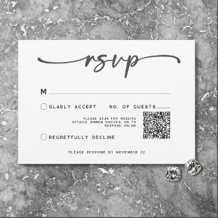 Cartão RSVP Código QR de Casamento Mínimo de Script Branco Pre