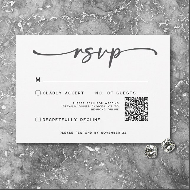 Cartão RSVP Código QR de Casamento Mínimo de Script Branco Pre (Modern Black White Script Photo Wedding QR Code RSVP Card)