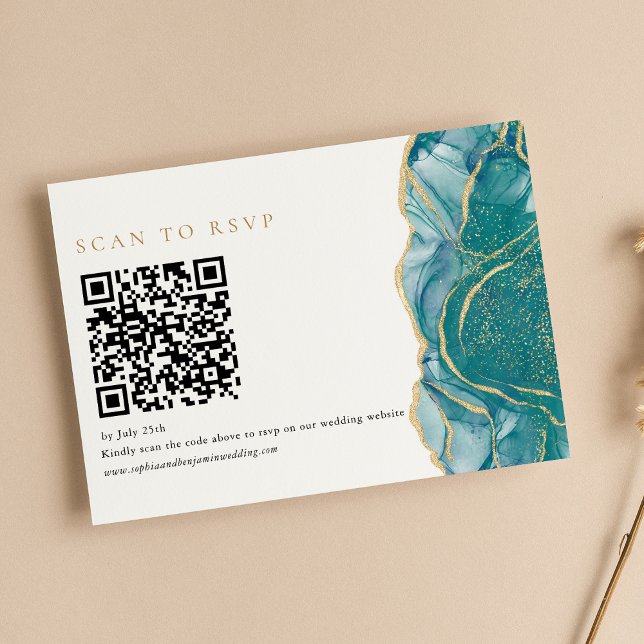 Cartão RSVP Código QR de Casamento Moderno em Ágata Dourada Tu (Criador carregado)