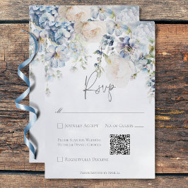 Cartão RSVP Código QR de Casamento Moderno Floral Azul e Branc
