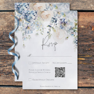 Cartão RSVP Código QR de Casamento Moderno Floral Azul e Branc