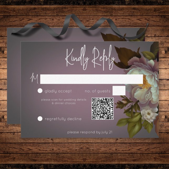 Cartão RSVP Código QR de Casamento Moderno Floral de Mauve Moo (Dark Moody Mauve Floral Modern Wedding QR Code RSVP Card)