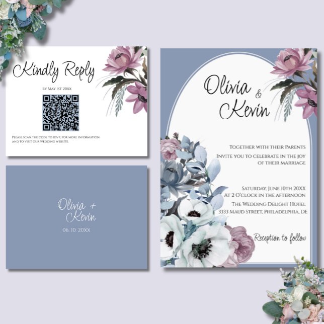 Cartão RSVP Código QR de Casamento Moderno Floral Dusty Blue e (Criador carregado)