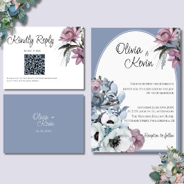 Cartão RSVP Código QR de Casamento Moderno Floral Dusty Blue e
