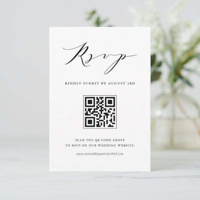 Cartão RSVP Código QR de Casamento Negro Preto de Script Minim (Em pé/Frente)