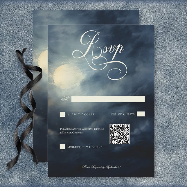 Cartão RSVP Código QR de Casamento Noturno da Lua Cheia Gótica (Dark Gothic Full Moon Night Sky Wedding QR Code RSVP Card)