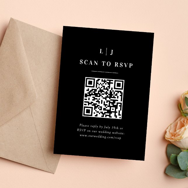 Cartão RSVP Código QR de Casamento Preto e Branco de Iniciais  (Criador carregado)