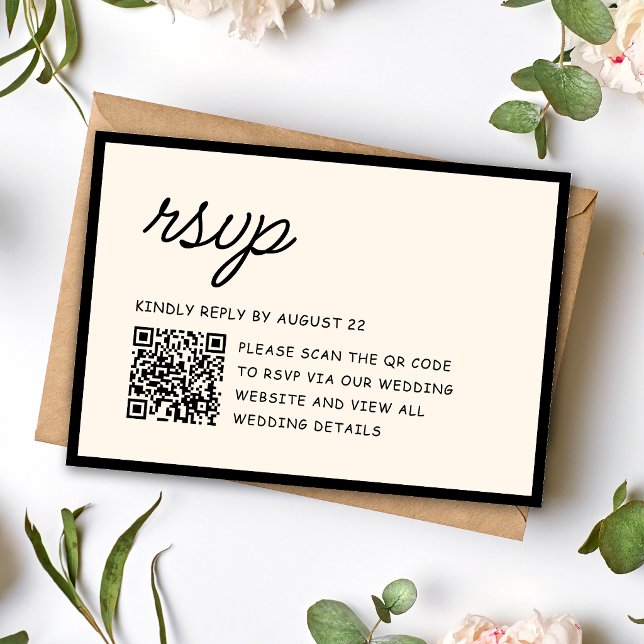 Cartão RSVP Código QR de Casamento Preto e Marfim Retrô (Retro black and ivory QR code RSVP card makes guest replies quick and stylish.)