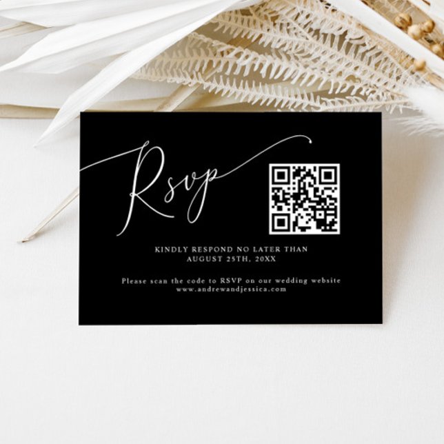 Cartão RSVP Código QR de Casamento Preto Mínimo (Criador carregado)