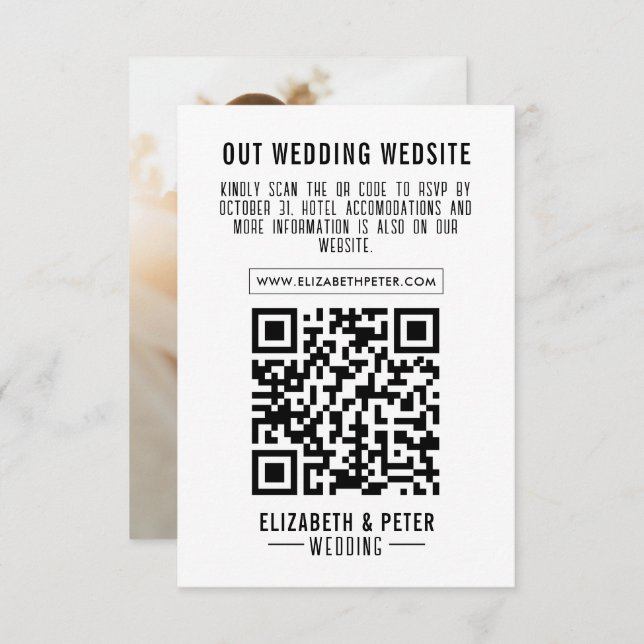 Cartão RSVP Código Qr de Casamento Preto Retroativo Mínimo Fot (Frente/Verso)