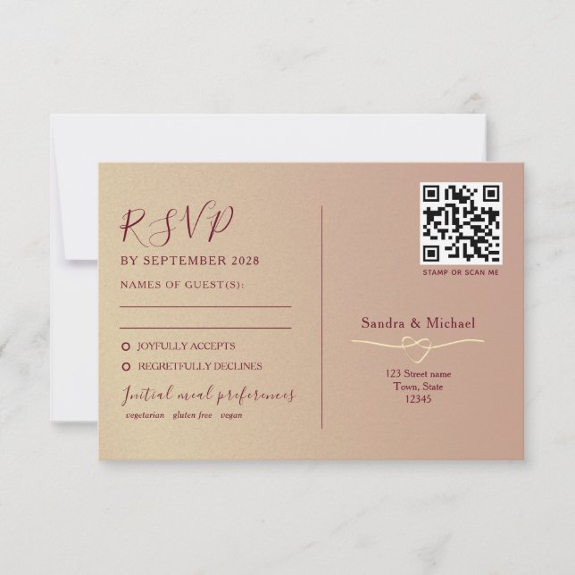 Cartão RSVP Código QR de Casamento Romântico de Dupla Função (Frente)