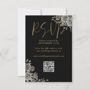 Cartão RSVP Código QR de Casamento Rosas Florais Góticas Preto
