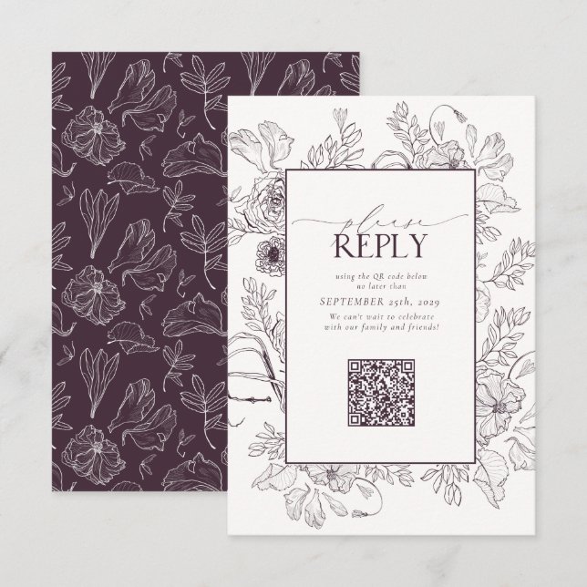 Cartão RSVP Código QR de Casamento Roxo de Ameixa Elegante Por (Frente/Verso)