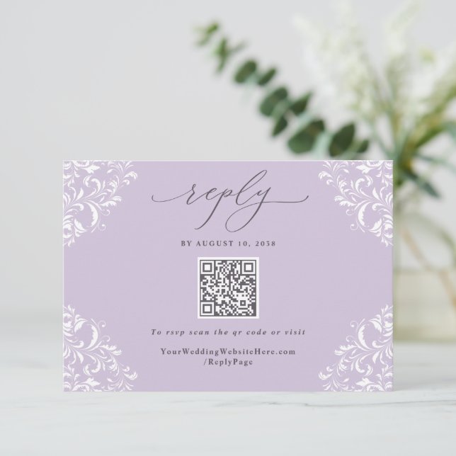 Cartão RSVP Código QR de Casamento Roxo Lavanda Elegante Vinta (Em pé/Frente)