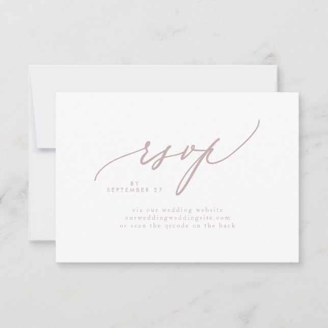 Cartão RSVP CÓDIGO QR de Casamento Simples Branco Taupe Rosa M (Frente)