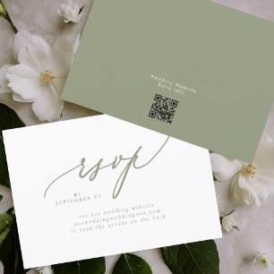 Cartão RSVP CÓDIGO QR de Casamento Simples Branco Verde de Sag