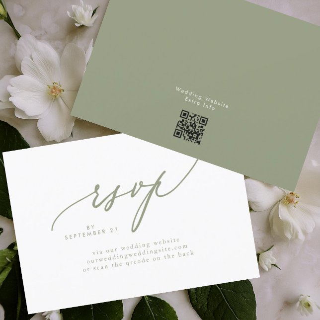 Cartão RSVP CÓDIGO QR de Casamento Simples Branco Verde de Sag (Criador carregado)