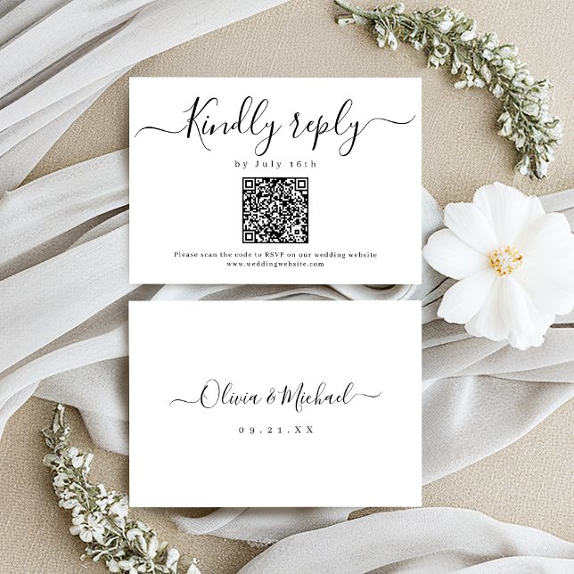 Cartão RSVP Código QR de casamento simples e elegante moderno (Modern simple elegant script wedding QR code RSVP Card)