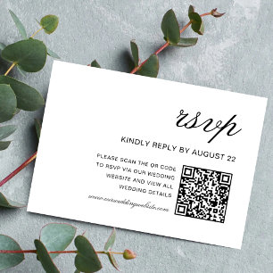 Cartão RSVP Código QR de Casamento Simples Formal Branco e Pre