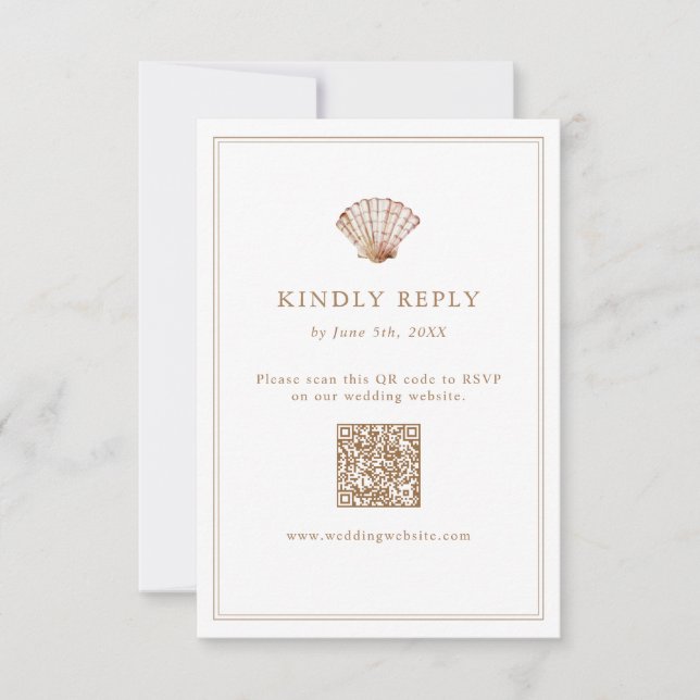 Cartão RSVP Código QR de Casamento Simples na Praia de Tons Be (Frente)