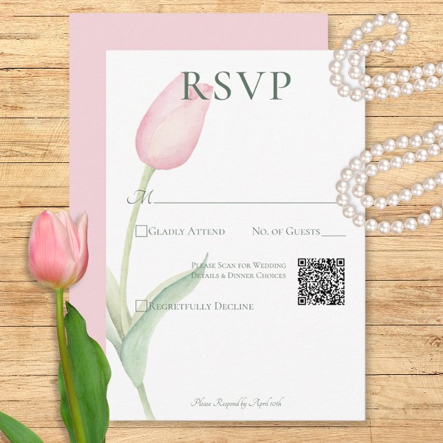 Cartão RSVP Código QR de Casamento Solo de Tulip Rosa (Pink Tulip Solo Wedding QR Code RSVP Card)