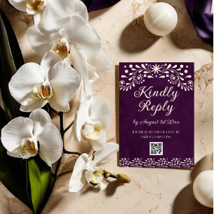 Cartão RSVP código QR de casamento Talavera Roxo Mexicano