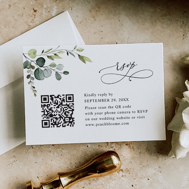 Cartão RSVP Código QR de Casamento Verde com Eucalipto Azul Em (Criador carregado)