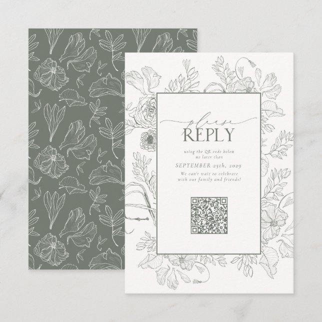 Cartão RSVP Código QR de Casamento Verde da Elegante Sage, Res (Frente/Verso)