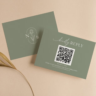 Cartão RSVP Código QR de Casamento Verde de Boho Verde Mínimo