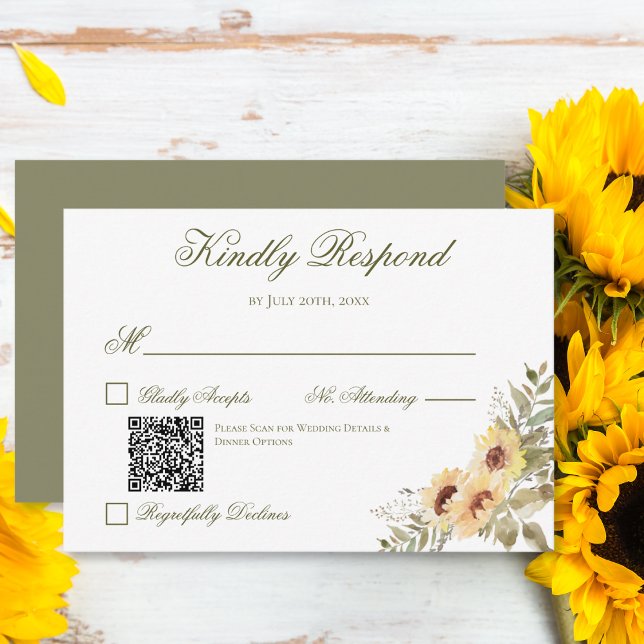 Cartão RSVP Código QR de Casamento Verde de Flores Solares Mol (Criador carregado)