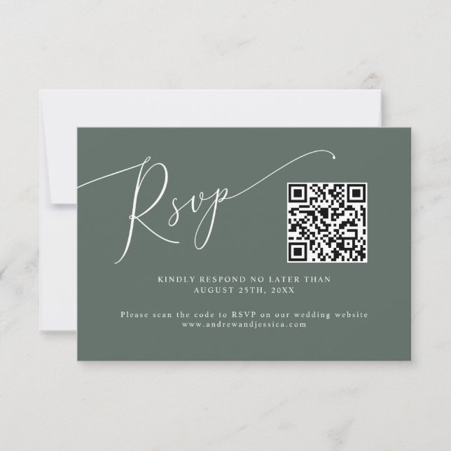 Cartão RSVP Código QR de Casamento Verde Mínimo (Frente)