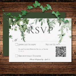 Cartão RSVP Código QR de Casamento Verde Rustic Ivy & Sage Gre