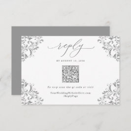 Cartão RSVP Código QR de Casamento vintage de Cinza Silver Ele
