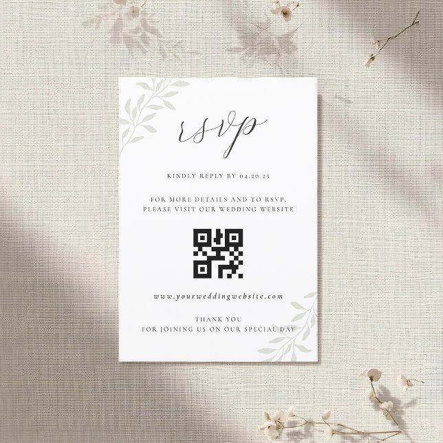 Cartão RSVP Código QR de confirmação de casamento com folhagem (Criador carregado)