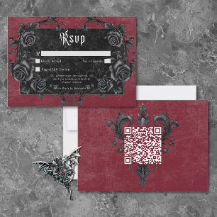 Cartão RSVP Código QR de Corvo Preto e Rosas Burgundy Gótico