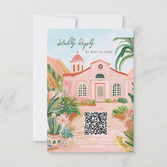 Cartão RSVP Código QR de destino rosa México (Frente)