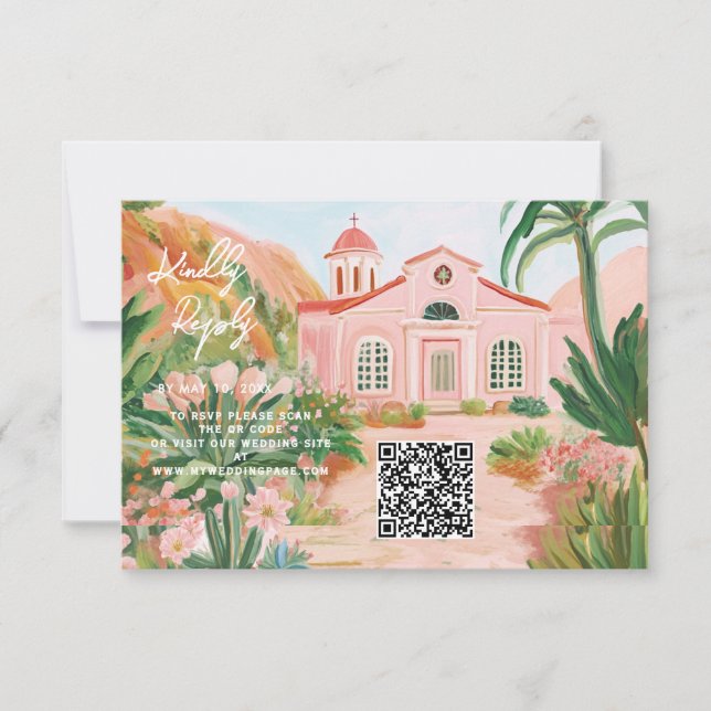 Cartão RSVP Código QR de destino rosa no México (Frente)