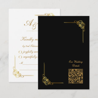 Cartão RSVP Código QR de Evento de Casamento Elegante em Ouro 