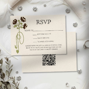 Cartão RSVP Código QR de Flores Bege Marrom Art Nouveau Vintag