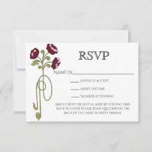 Cartão RSVP Código QR de Flores Rosa Borgonha Art Nouveau Vint