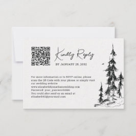 Cartão RSVP Código QR de floresta de montanha desenhado manual