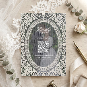 Cartão RSVP Código QR de Foto com Moldura de Renda Floral Vint