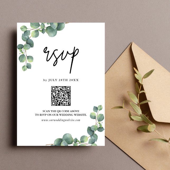 Cartão RSVP Código QR de Noiva com Verde de Eucalipto Rústico (Eucalyptus greenery QR code RSVP card lets guests respond easily with rustic charm.)