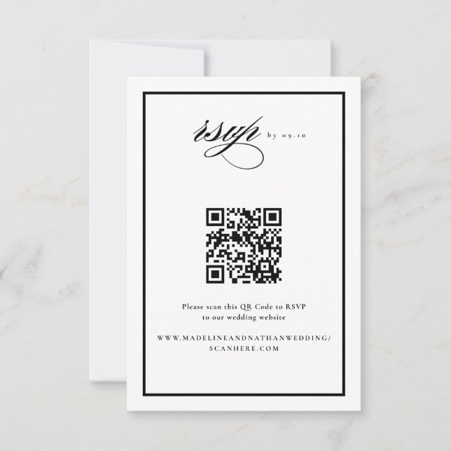 Cartão RSVP Código QR de Script Elegante Preto e Casado (Frente)
