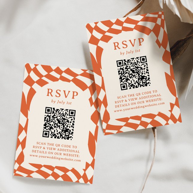 Cartão RSVP Código QR de Tabuleiro de Xadrez Laranja Retrô par (Criador carregado)
