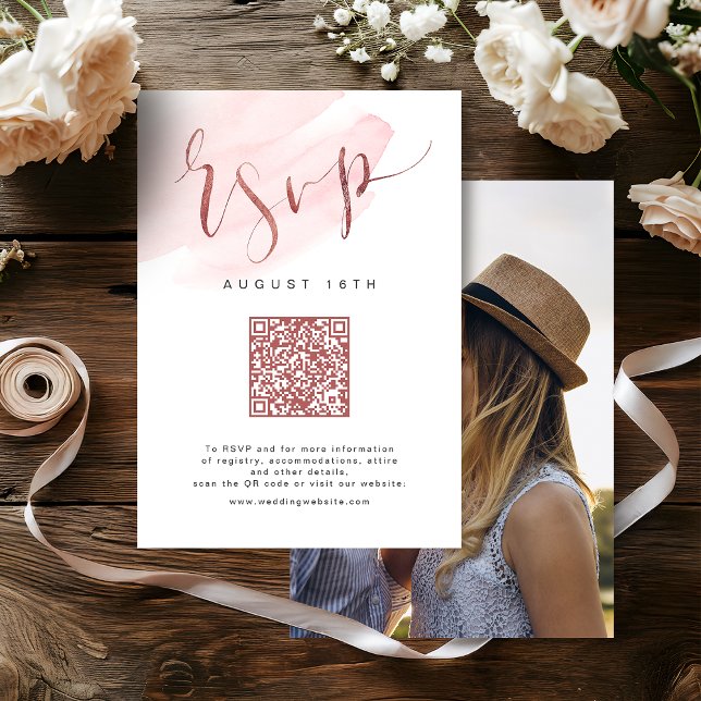 Cartão RSVP Código QR do casamento do Script Moderno do Blush  (Rose Gold Blush Modern Script wedding QR code RSVP Card)