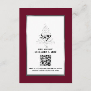 Cartão RSVP Código QR do Casamento no inverno Burgundy Silver 